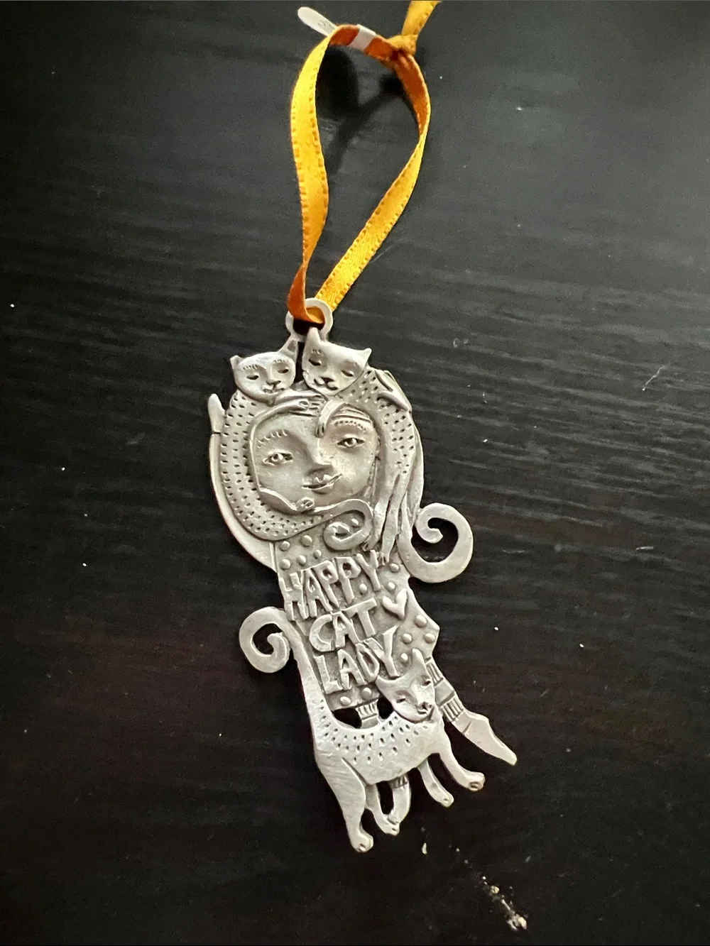 Don Drumm Happy Cat Lady Silver Ornament with Yellow Ribbon